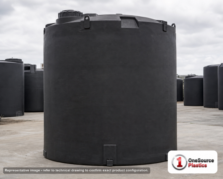 Snyder Industries 9500 Gallon ASTM Black Vertical Storage Tank. Polyethylene; Black; dimensions 215.0in H x 120.0in W x 120.0in L; 2800.0 lb empty; 1.5 specific gravity rating; fittings: 1 Manway / Lid; max temp 120 deg  F / 48 deg  C; 3 Year Warranty. Manufacturer part number 7450000n49. Manufactured by Snyder. Sold by OneSource Plastics (https://www.onesourceplastics.com).