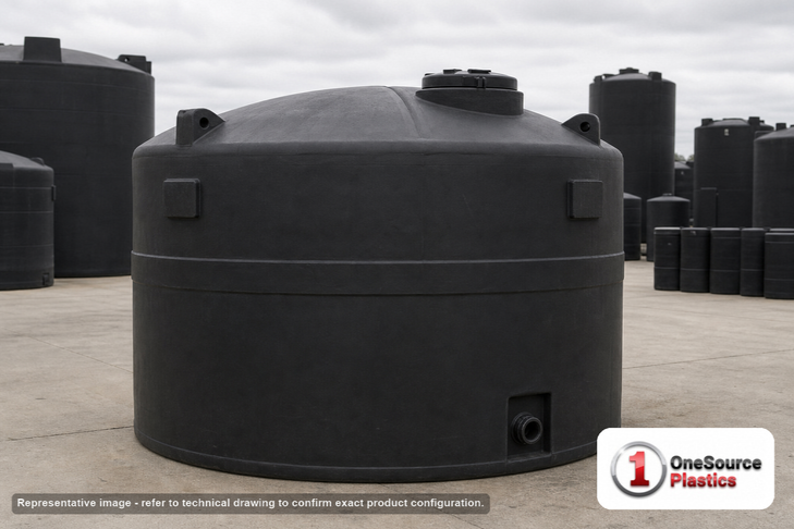 Snyder Industries 8750 Gallon ASTM Black Heavy Duty Vertical Storage Tank. High Density Linear Polyethylene; Black; dimensions 146.0in H x 142.0in W x 142.0in L; 2400.0 lb empty; 1.9 specific gravity rating; fittings: 1 Manway / Lid; max temp 120 deg  F / 48 deg  C; 3 Year Warranty. Manufacturer part number 5360100n51. Manufactured by Snyder. Sold by OneSource Plastics (https://www.onesourceplastics.com).