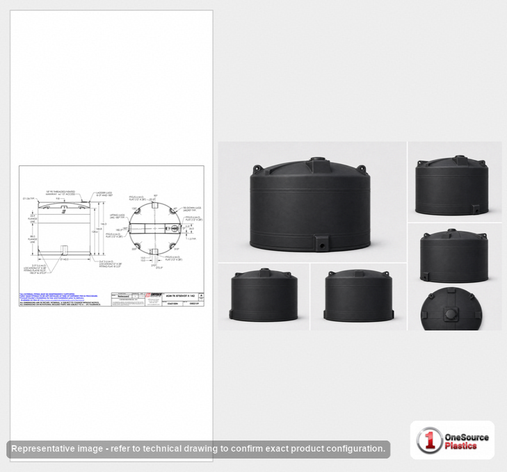 Dimensional spec drawing for Snyder 8750 Gallon Vertical Storage Tank (142" L x 142" W x 146" H)
