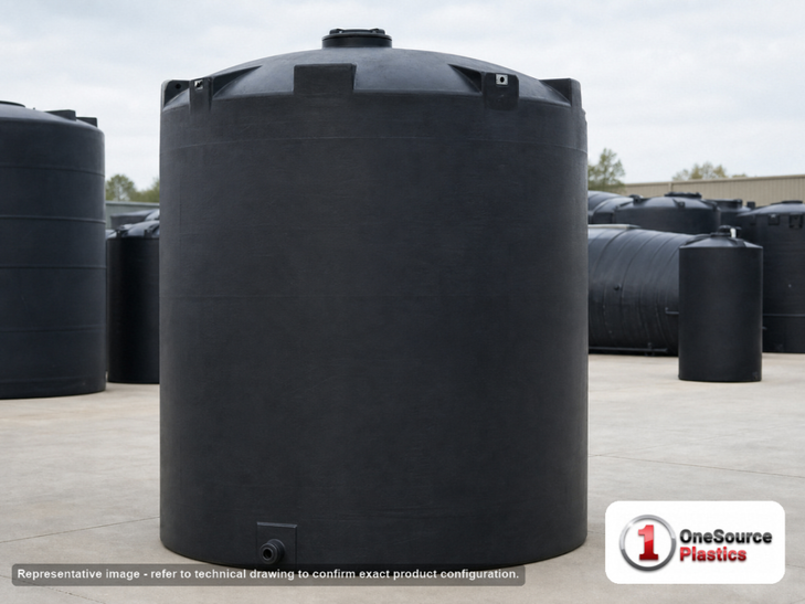 Snyder Industries 8000 Gallon ASTM Black Heavy Duty Vertical Storage Tank. High Density Linear Polyethylene; Black; dimensions 186.0in H x 120.0in W x 120.0in L; 2300.0 lb empty; 1.9 specific gravity rating; fittings: 1 Manway / Lid; max temp 120 deg  F / 48 deg  C; 3 Year Warranty. Manufacturer part number 5300600n51. Manufactured by Snyder. Sold by OneSource Plastics (https://www.onesourceplastics.com).