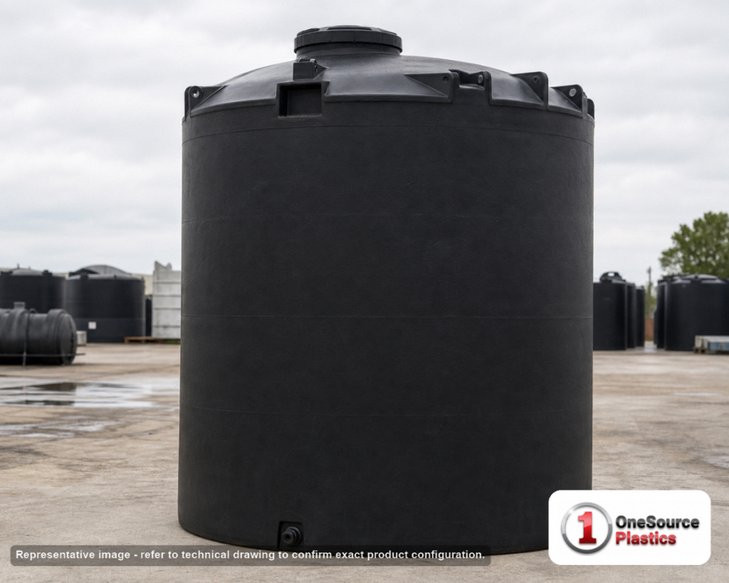 Snyder Industries 8000 Gallon ASTM Black Vertical Storage Tank. Polyethylene; Black; dimensions 186.0in H x 120.0in W x 120.0in L; 1900.0 lb empty; 1.5 specific gravity rating; fittings: 1 Manway / Lid; max temp 120 deg  F / 48 deg  C; 3 Year Warranty. Manufacturer part number 5300600n49. Manufactured by Snyder. Sold by OneSource Plastics (https://www.onesourceplastics.com).