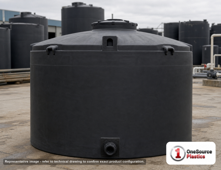 Snyder Industries 7000 Gallon ASTM Black Vertical Storage Tank. Polyethylene; Black; 122" H x 142" W x 142" L; fittings: 1