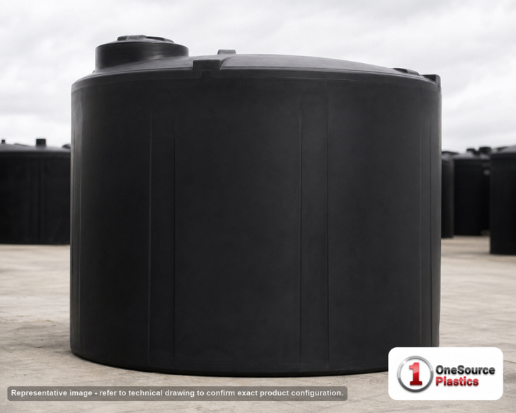 Snyder Industries 6200 Gallon ASTM 1.35 SG Black Vertical Storage Tank. Polyethylene; Black; dimensions 140.0in H x 120.0in W x 120.0in L; 1174.0 lb empty; 1.35 specific gravity rating; fittings: 1 Manway / Lid; max temp 120 deg  F / 48 deg  C; 3 Year Warranty. Manufacturer part number 8220000N33. Sold by OneSource Plastics (https://www.onesourceplastics.com).
