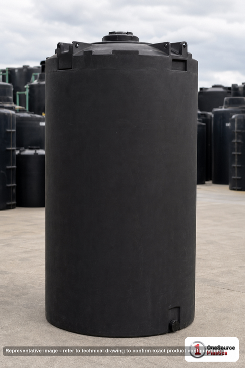 Snyder Industries 6000 Gallon ASTM Black Vertical Storage Tank. Polyethylene; Black; dimensions 188.0in H x 102.0in W x 102.0in L; 1650.0 lb empty; 1.5 specific gravity rating; fittings: 1 Manway / Lid; max temp 120 deg  F / 48 deg  C; 3 Year Warranty. Manufacturer part number 7430000n49. Manufactured by Snyder. Sold by OneSource Plastics (https://www.onesourceplastics.com).