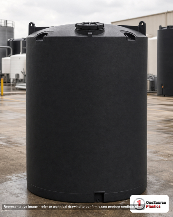 Snyder Industries 5500 Gallon ASTM Black Vertical Storage Tank. Polyethylene; Black; dimensions 221.0in H x 90.0in W x 90.0in L; 1500.0 lb empty; 1.5 specific gravity rating; fittings: 1 Manway / Lid; max temp 120 deg  F / 48 deg  C; 3 Year Warranty. Manufacturer part number 7020000n49. Manufactured by Snyder. Sold by OneSource Plastics (https://www.onesourceplastics.com).