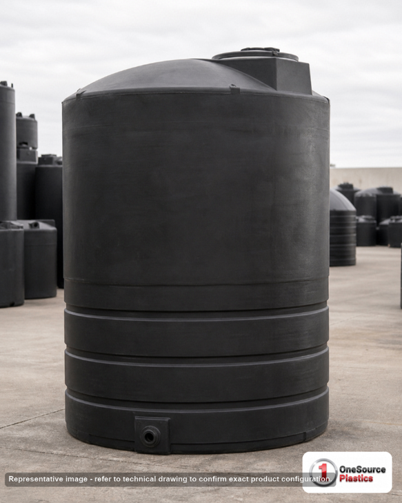 Snyder Industries 4650 Gallon ASTM Black Vertical Storage Tank. Polyethylene; Black; dimensions 154.0in H x 102.0in W x 102.0in L; 1200.0 lb empty; 1.5 specific gravity rating; fittings: 1 Manway / Lid; max temp 120 deg  F / 48 deg  C; 3 Year Warranty. Manufacturer part number 8210000n49. Manufactured by Snyder. Sold by OneSource Plastics (https://www.onesourceplastics.com).