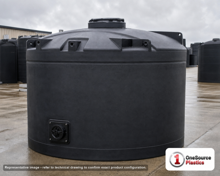 Snyder Industries 4600 Gallon ASTM Black Vertical Storage Tank. Polyethylene; Black; dimensions 116.0in H x 120.0in W x 120.0in L; 1450.0 lb empty; 1.5 specific gravity rating; fittings: 1 Manway / Lid; max temp 120 deg  F / 48 deg  C; 3 Year Warranty. Manufacturer part number 7000500n49. Manufactured by Snyder. Sold by OneSource Plastics (https://www.onesourceplastics.com).