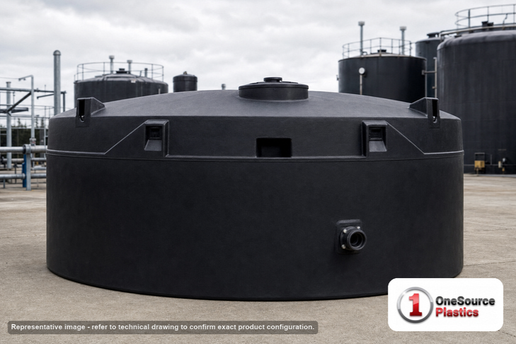 Snyder Industries 4500 Gallon ASTM Black Heavy Duty Vertical Storage Tank. Polyethylene; Black; dimensions 91.0in H x 143.0in W x 143.0in L; 1100.0 lb empty; 1.9 specific gravity rating; fittings: 1 Manway / Lid; max temp 120 deg  F / 48 deg  C; 3 Year Warranty. Manufacturer part number 7000400n51. Manufactured by Snyder. Sold by OneSource Plastics (https://www.onesourceplastics.com).
