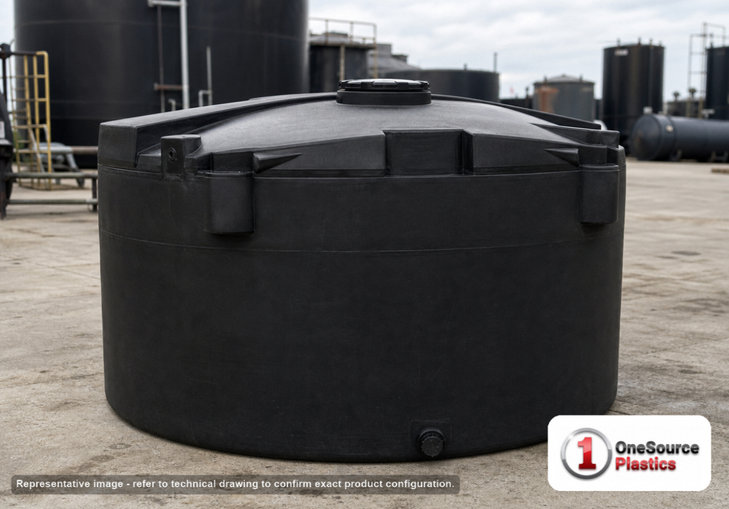 Snyder Industries 4100 Gallon ASTM Black Heavy Duty Vertical Storage Tank. Polyethylene; Black; dimensions 100.0in H x 120.0in W x 120.0in L; 930.0 lb empty; 1.9 specific gravity rating; fittings: 1 Manway / Lid; max temp 120 deg  F / 48 deg  C; 3 Year Warranty. Manufacturer part number 8200000n51. Manufactured by Snyder. Sold by OneSource Plastics (https://www.onesourceplastics.com).