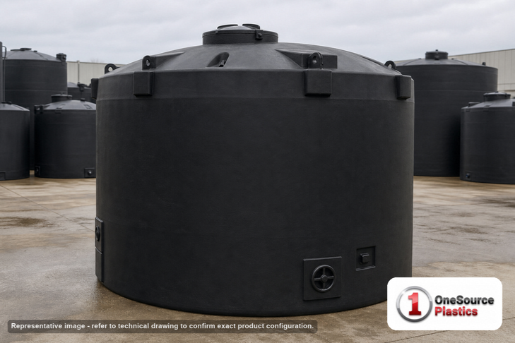 Snyder Industries 4000 Gallon ASTM Black Heavy Duty Vertical Storage Tank. Polyethylene; Black; dimensions 104.0in H x 120.0in W x 120.0in L; 1000.0 lb empty; 1.9 specific gravity rating; fittings: 1 Manway / Lid; max temp 120 deg  F / 48 deg  C; 3 Year Warranty. Manufacturer part number 7421100n51. Manufactured by Snyder. Sold by OneSource Plastics (https://www.onesourceplastics.com).