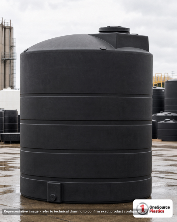 Snyder Industries 3650 Gallon ASTM Black Heavy Duty Vertical Storage Tank. Polyethylene; Black; dimensions 126.0in H x 102.0in W x 102.0in L; 973.0 lb empty; 1.9 specific gravity rating; fittings: 1 Manway / Lid; max temp 120 deg  F / 48 deg  C; 3 Year Warranty. Manufacturer part number 8190000n51. Manufactured by Snyder. Sold by OneSource Plastics (https://www.onesourceplastics.com).