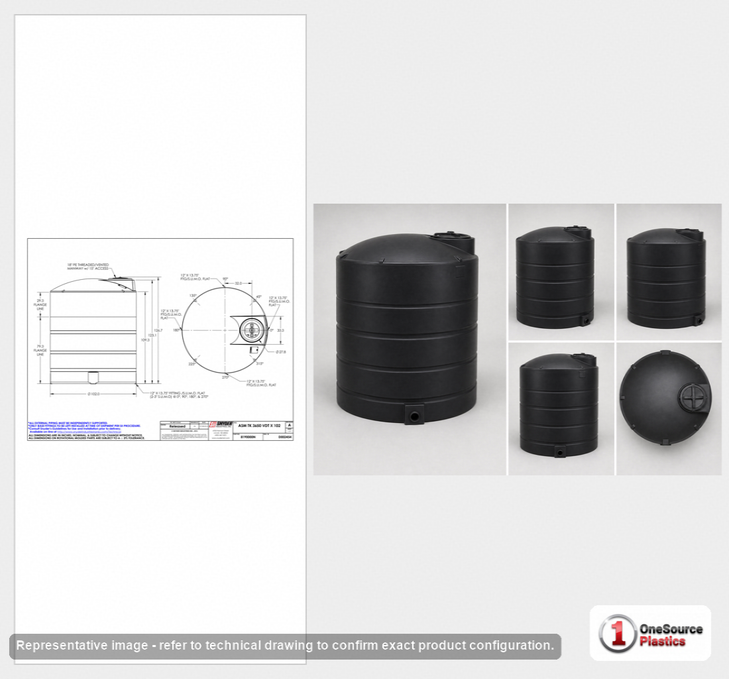 Dimensional spec drawing for Snyder 3650 Gallon Vertical Storage Tank (102" L x 102" W x 126" H)