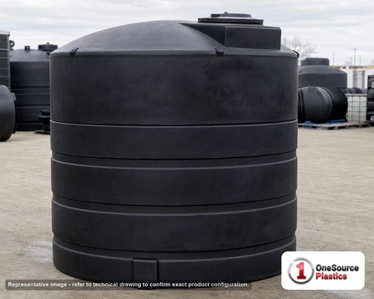 Snyder Industries 3650 Gallon ASTM Black Vertical Storage Tank. Polyethylene; Black; dimensions 126.0in H x 102.0in W x 102.0in L; 780.0 lb empty; 1.5 specific gravity rating; fittings: 1 Manway / Lid; max temp 120 deg  F / 48 deg  C; 3 Year Warranty. Manufacturer part number 8190000n49. Manufactured by Snyder. Sold by OneSource Plastics (https://www.onesourceplastics.com).