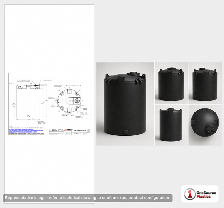 Dimensional spec drawing for Snyder 3000 Gallon Vertical Storage Tank (90" L x 90" W x 127" H)