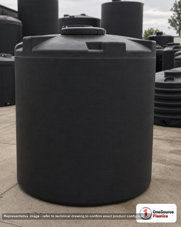 Snyder Industries 3000 Gallon ASTM 1.35 SG Black Vertical Storage Tank. Polyethylene; Black; dimensions 111.0in H x 96.0in W x 96.0in L; 480.0 lb empty; 1.35 specific gravity rating; fittings: 1 Manway / Lid; max temp 120 deg  F / 48 deg  C; 3 Year Warranty. Manufacturer part number 5130300N33. Sold by OneSource Plastics (https://www.onesourceplastics.com).