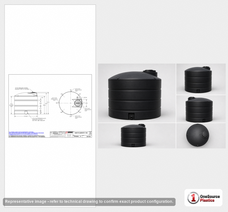 Dimensional spec drawing for Snyder 2650 Gallon Vertical Storage Tank (102" L x 102" W x 97" H)