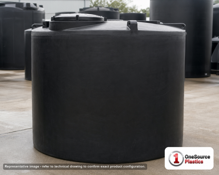 Snyder Industries 2500 Gallon ASTM 1.35 SG Black Vertical Storage Tank. Polyethylene; Black; dimensions 98.0in H x 96.0in W x 96.0in L; 400.0 lb empty; 1.35 specific gravity rating; fittings: 1 Manway / Lid; max temp 120 deg  F / 48 deg  C; 3 Year Warranty. Manufacturer part number 5090300N33. Sold by OneSource Plastics (https://www.onesourceplastics.com).