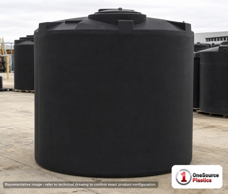 Snyder Industries 2500 Gallon ASTM 1.35 SG Black Vertical Storage Tank. Polyethylene; Black; dimensions 107.0in H x 90.0in W x 90.0in L; 427.0 lb empty; 1.35 specific gravity rating; fittings: 1 Manway / Lid; max temp 120 deg  F / 48 deg  C; 3 Year Warranty. Manufacturer part number 8140000N33. Sold by OneSource Plastics (https://www.onesourceplastics.com).