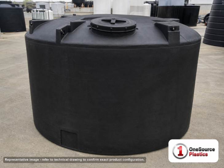 Snyder Industries 2000 Gallon ASTM Black Vertical Storage Tank. Polyethylene; Black; dimensions 84.0in H x 96.0in W x 96.0in L; 420.0 lb empty; 1.5 specific gravity rating; fittings: 1 Manway / Lid; max temp 120 deg  F / 48 deg  C; 3 Year Warranty. Manufacturer part number 5050300n49. Manufactured by Snyder. Sold by OneSource Plastics (https://www.onesourceplastics.com).