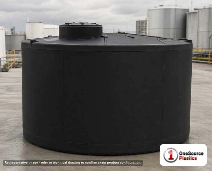 Snyder Industries 2000 Gallon ASTM 1.35 SG Black Vertical Storage Tank. Polyethylene; Black; dimensions 84.0in H x 96.0in W x 96.0in L; 380.0 lb empty; 1.35 specific gravity rating; fittings: 1 Manway / Lid; max temp 120 deg  F / 48 deg  C; 3 Year Warranty. Manufacturer part number 5050300N33. Sold by OneSource Plastics (https://www.onesourceplastics.com).