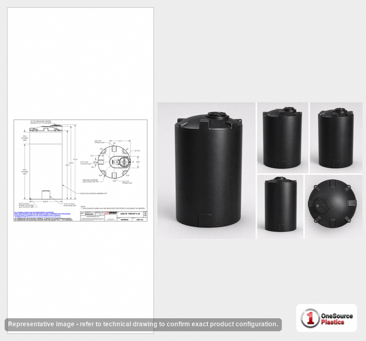 Dimensional spec drawing for Snyder 1900 Gallon Vertical Storage Tank (64" L x 64" W x 147" H)