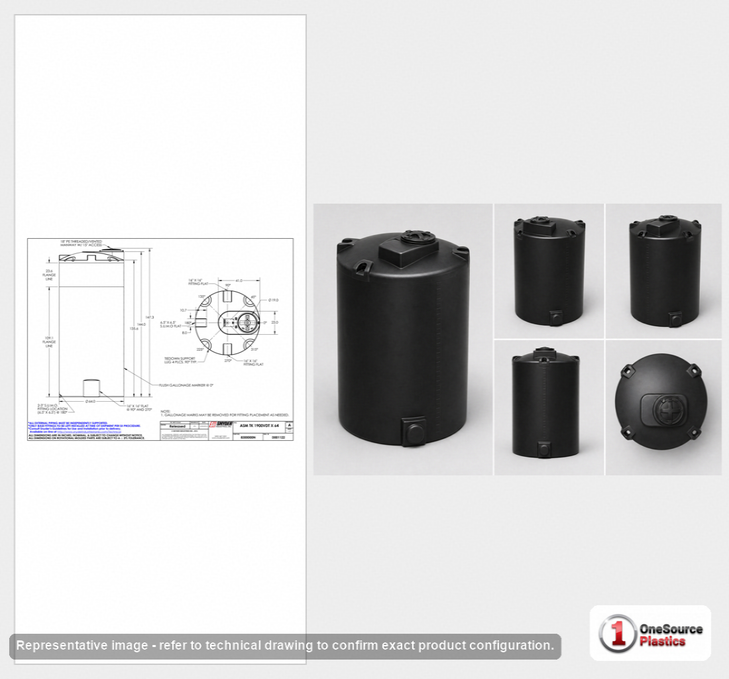 Dimensional spec drawing for Snyder 1900 Gallon Vertical Storage Tank (64" L x 64" W x 147" H)