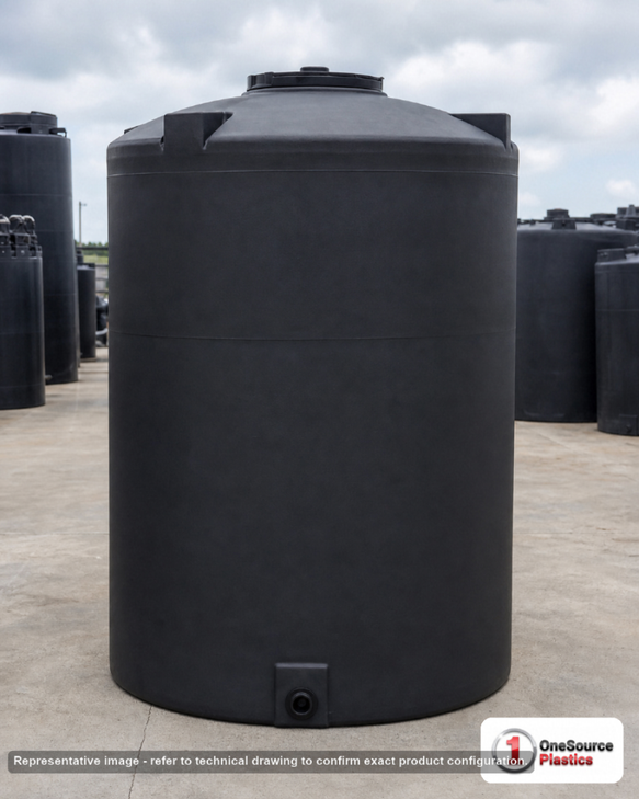 Snyder Industries 1900 Gallon ASTM Black Vertical Storage Tank. Polyethylene; Black; dimensions 119.0in H x 72.0in W x 72.0in L; 445.0 lb empty; 1.5 specific gravity rating; fittings: 1 Manway / Lid; max temp 120 deg  F / 48 deg  C; 3 Year Warranty. Manufacturer part number 1780200N49. Manufactured by Snyder. Sold by OneSource Plastics (https://www.onesourceplastics.com).