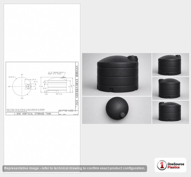 Dimensional spec drawing for Snyder 1500 Gallon Vertical Storage Tank (86" L x 86" W x 72" H)