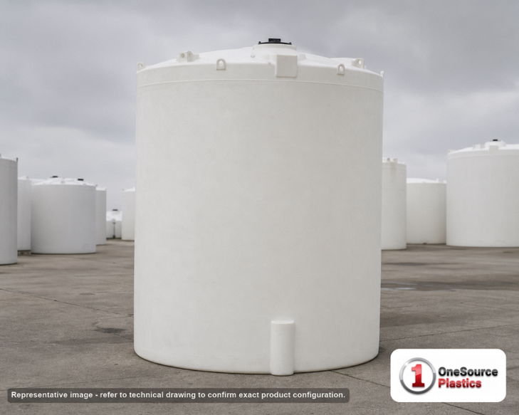 Snyder Industries 15000 Gallon Heavy Duty Vertical Storage Tank. Polyethylene; Natural White; dimensions 234.0in H x 143.0in W x 143.0in L; 5800.0 lb empty; 1.9 specific gravity rating; fittings: 1 Manway / Lid; max temp 120 deg  F / 48 deg  C; 3 Year Warranty. Manufacturer part number 5370000n45. Manufactured by Snyder. Sold by OneSource Plastics (https://www.onesourceplastics.com).
