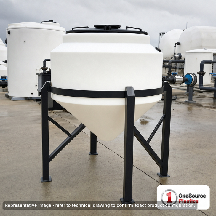 Snyder Industries 30 Gallon Heavy Duty Cone Bottom Mixing Tank. 30 gallon capacity; High Density Linear Polyethylene; Natural White; dimensions 20.0in H x 27.0in W x 27.0in L; 20.0 lb empty; 1.9 specific gravity rating; 30-degree cone bottom; fittings: 1 Manway / Lid; max temp 100 deg  F / 37 deg  C. Manufacturer part number 32223. Manufactured by Snyder. Sold by OneSource Plastics (https://www.onesourceplastics.com).