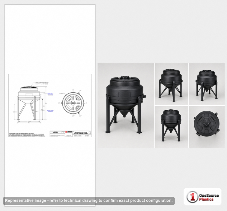 Dimensional spec drawing for Snyder 30 Gallon Cone Bottom Tank (27" L x 27" W x 20" H)