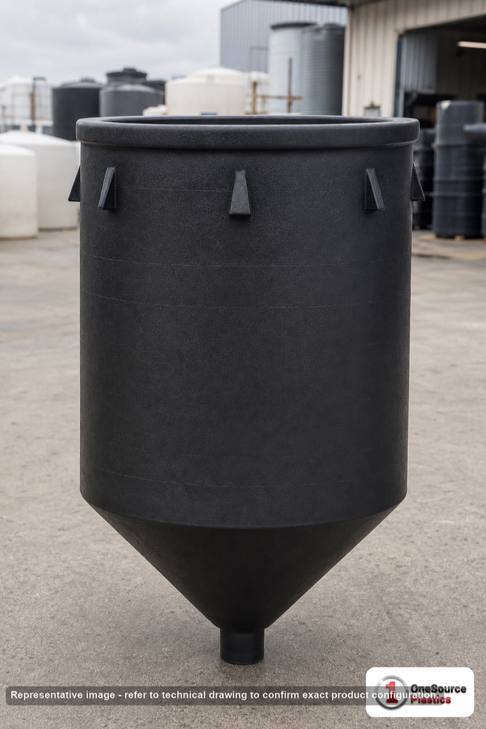 Snyder Industries 15 Gallon Heavy Duty Black Open Top Cone Bottom Mixing Tank. High Density Linear Polyethylene; Black; dimensions 28.0in H x 17.0in W x 17.0in L; 9.0 lb empty; 1.9 specific gravity rating; fittings: 1 Manway / Lid; max temp 100 deg  F / 37 deg  C. Manufacturer part number 1520000n51. Sold by OneSource Plastics (https://www.onesourceplastics.com).