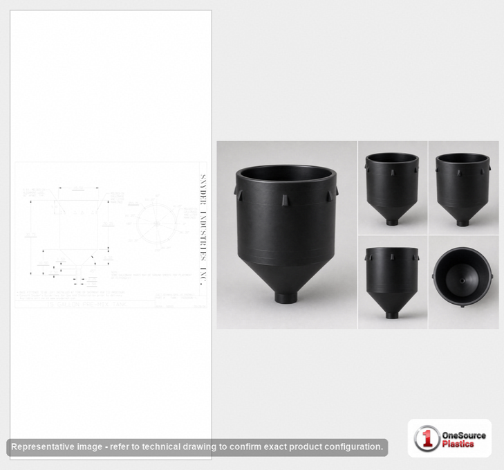 Dimensional spec drawing for Snyder 15 Gallon Cone Bottom Tank (17" L x 17" W x 28" H)