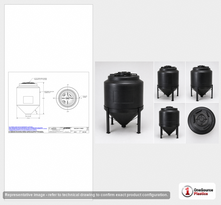 Dimensional spec drawing for Snyder 150 Gallon Cone Bottom Tank (36" L x 36" W x 48" H)