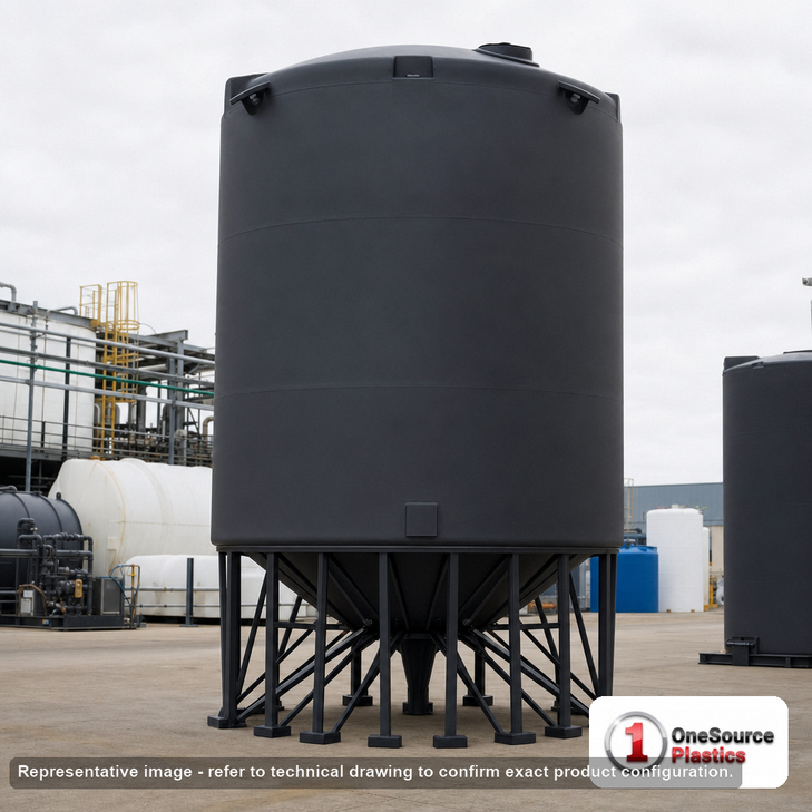 Snyder Industries 13000 Gallon Cone Bottom Tank. 13000 gallon capacity; Polyethylene; Black; dimensions 238.0in H x 142.0in W x 142.0in L; 3250.0 lb empty; 1.5 specific gravity rating; 30-degree cone bottom; fittings: 1 Manway / Lid; max temp 100 deg  F / 37 deg  C. Manufacturer part number 7490100n49. Manufactured by Snyder. Sold by OneSource Plastics (https://www.onesourceplastics.com).