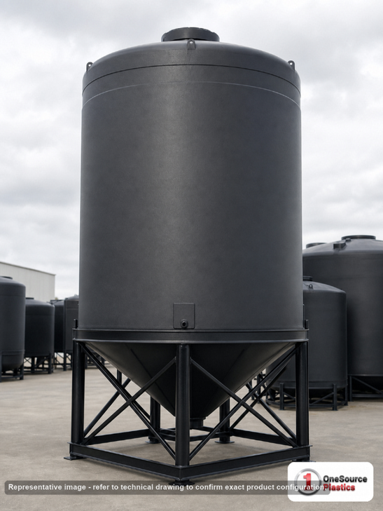 Snyder Industries 11500 Gallon Heavy Duty Cone Bottom Tank. 11500 gallon capacity; High Density Linear Polyethylene; Black; dimensions 215.0in H x 142.0in W x 142.0in L; 3600.0 lb empty; 1.9 specific gravity rating; 30-degree cone bottom; fittings: 1 Manway / Lid; max temp 100 deg  F / 37 deg  C. Manufacturer part number 5340100n51. Manufactured by Snyder. Sold by OneSource Plastics (https://www.onesourceplastics.com).