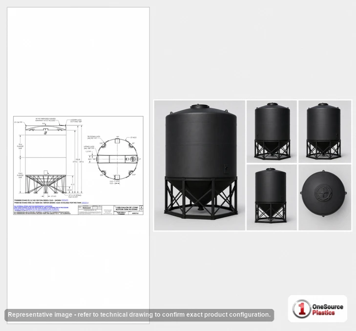Dimensional spec drawing for Snyder 11500 Gallon Cone Bottom Tank (142" L x 142" W x 215" H)
