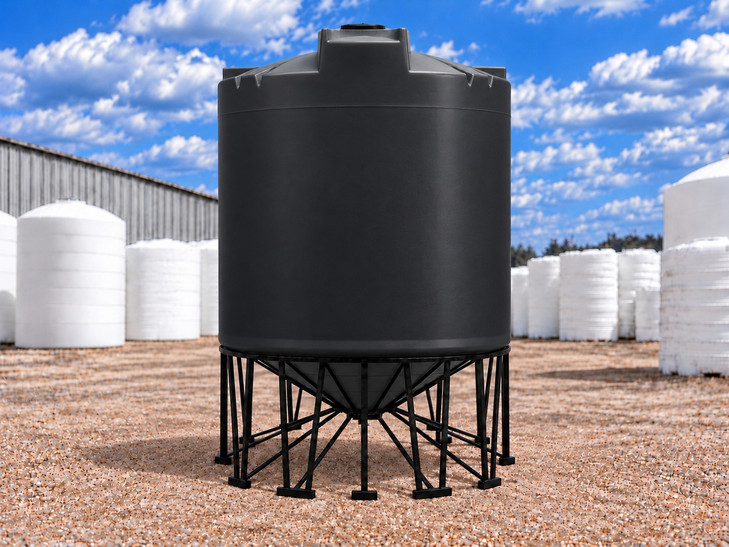 Snyder 11500 Gallon Black 1.5 SG HDPE 30 Degree Cone Bottom Tank, 142 in dia, shown on steel stand (sold separately)