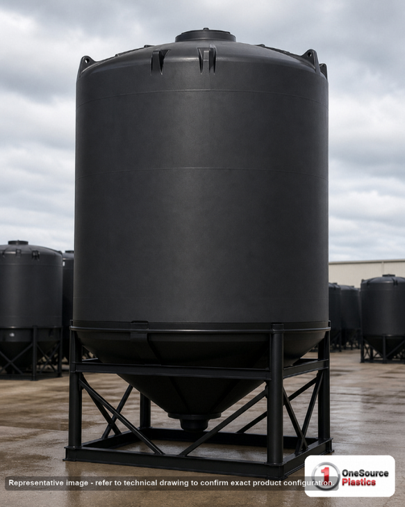 Snyder Industries 6500 Gallon Heavy Duty Cone Bottom Tank. 6500 gallon capacity; High Density Linear Polyethylene; Black; dimensions 273.0in H x 90.0in W x 90.0in L; 1980.0 lb empty; 1.9 specific gravity rating; 30-degree cone bottom; fittings: 1 Manway / Lid; max temp 100 deg  F / 37 deg  C. Manufacturer part number 7180000n51. Manufactured by Snyder. Sold by OneSource Plastics (https://www.onesourceplastics.com).