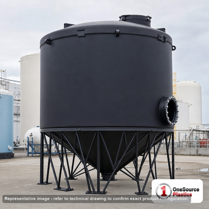 Snyder Industries 6000 Gallon Heavy Duty Cone Bottom Tank. 6000 gallon capacity; High Density Linear Polyethylene; Black; dimensions 136.0in H x 142.0in W x 142.0in L; 1250.0 lb empty; 1.9 specific gravity rating; 30-degree cone bottom; fittings: 1 Manway / Lid; max temp 100 deg  F / 37 deg  C. Manufacturer part number 5280200n51. Manufactured by Snyder. Sold by OneSource Plastics (https://www.onesourceplastics.com).