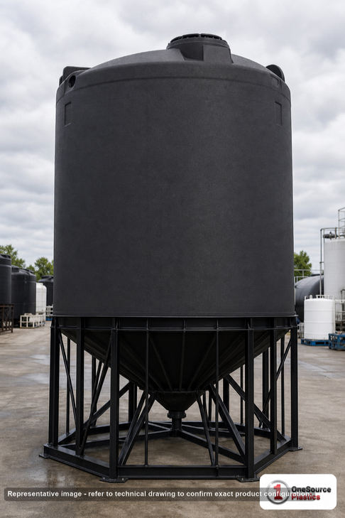Snyder Industries 5500 Gallon Black Cone Bottom Tank. Polyethylene; Black; dimensions 241.0in H x 90.0in W x 90.0in L; 1500.0 lb empty; 1.5 specific gravity rating; fittings: 1 Manway / Lid; max temp 100 deg  F / 37 deg  C. Manufacturer part number 7040000n49. Sold by OneSource Plastics (https://www.onesourceplastics.com).