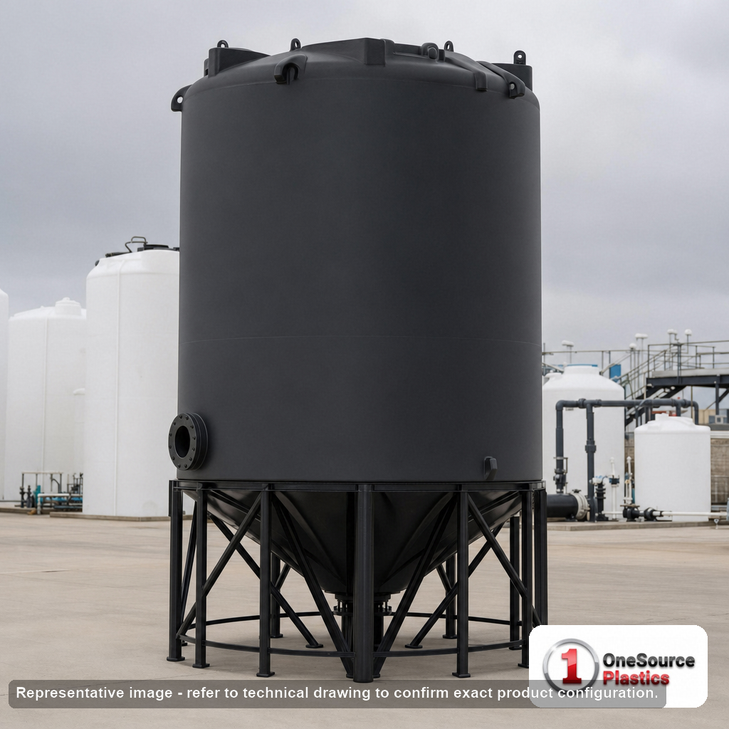 Snyder Industries 4400 Gallon Heavy Duty Cone Bottom Tank. 4400 gallon capacity; High Density Linear Polyethylene; Black; dimensions 200.0in H x 90.0in W x 90.0in L; 1700.0 lb empty; 1.9 specific gravity rating; 30-degree cone bottom; fittings: 1 Manway / Lid; max temp 100 deg  F / 37 deg  C. Manufacturer part number 5200000n51. Manufactured by Snyder. Sold by OneSource Plastics (https://www.onesourceplastics.com).