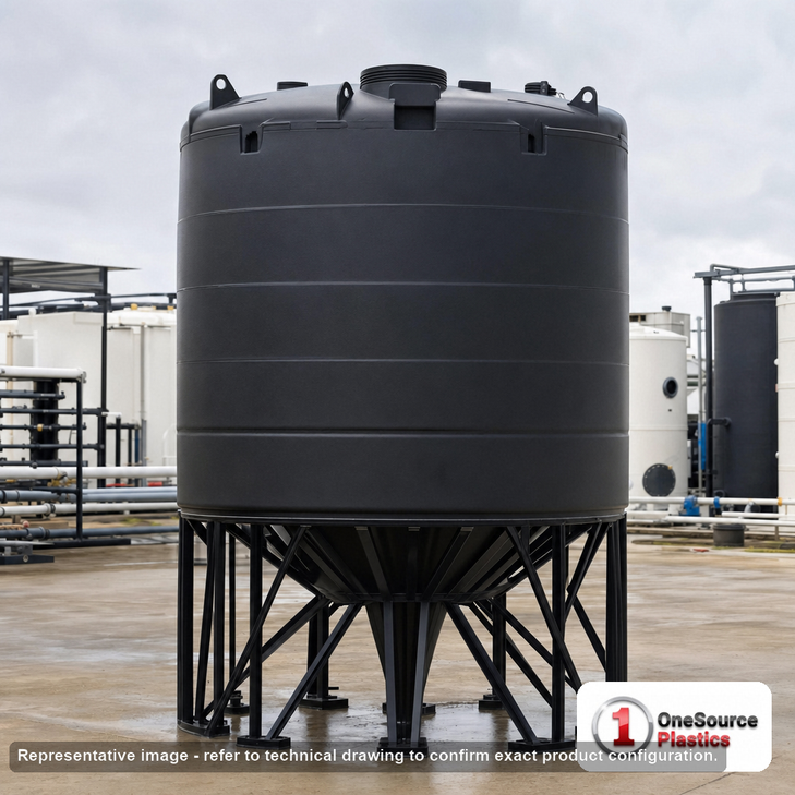 Snyder Industries 4400 Gallon Cone Bottom Tank. 4400 gallon capacity; Polyethylene; Black; 200" H x 90" W x 90" L; 30-degree