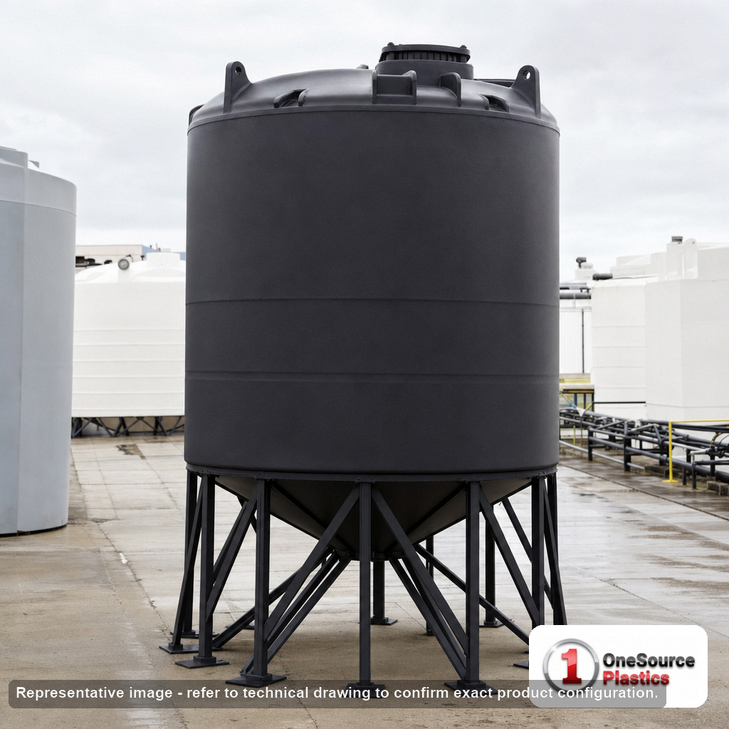 Snyder Industries 3000 Gallon Cone Bottom Tank. 3000 gallon capacity; Polyethylene; Black; dimensions 144.0in H x 90.0in W x 90.0in L; 500.0 lb empty; 1.5 specific gravity rating; 30-degree cone bottom; fittings: 1 Manway / Lid; max temp 100 deg  F / 37 deg  C. Manufacturer part number 5150000n49. Manufactured by Snyder. Sold by OneSource Plastics (https://www.onesourceplastics.com).