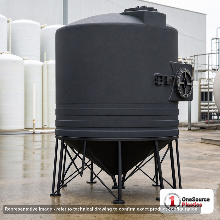 Snyder Industries 3000 Gallon Heavy Duty Cone Bottom Tank. 3000 gallon capacity; High Density Linear Polyethylene; Black; dimensions 120.0in H x 95.0in W x 95.0in L; 709.0 lb empty; 1.9 specific gravity rating; fittings: 1 Manway / Lid; max temp 100 deg  F / 37 deg  C. Manufacturer part number 8360000n51. Manufactured by Snyder. Sold by OneSource Plastics (https://www.onesourceplastics.com).