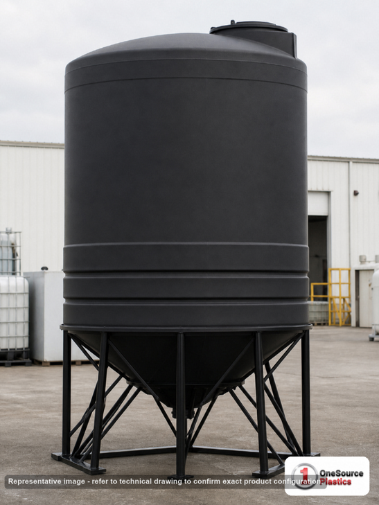 Snyder Industries 3000 Gallon Cone Bottom Tank. 3000 gallon capacity; Polyethylene; Black; 120" H x 95" W x 95" L; fittings: