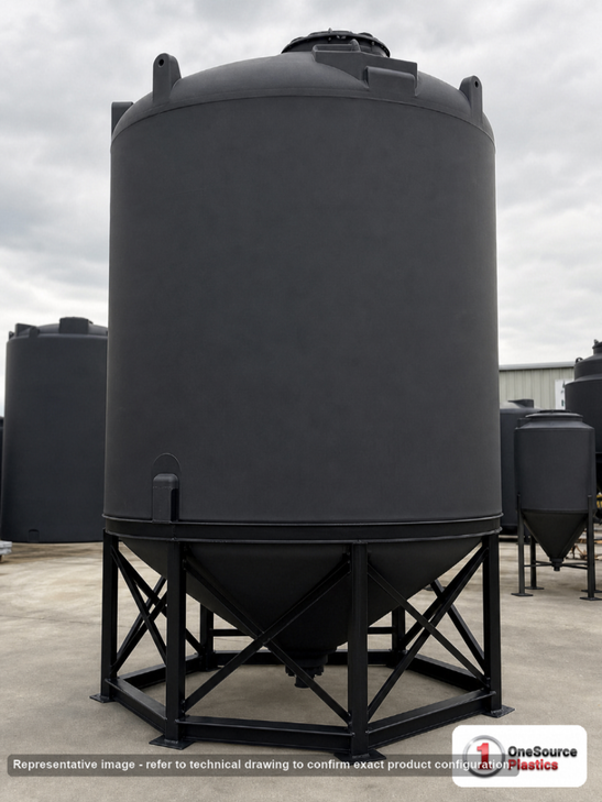 Snyder Industries 2600 Gallon Black Heavy Duty Cone Bottom Tank. High Density Linear Polyethylene; Black; dimensions 139.0in H x 90.0in W x 90.0in L; 570.0 lb empty; 1.9 specific gravity rating; fittings: 1 Manway / Lid; max temp 100 deg  F / 37 deg  C. Manufacturer part number 5100000n51. Sold by OneSource Plastics (https://www.onesourceplastics.com).