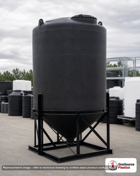 Snyder Industries 2600 Gallon Black Cone Bottom Tank. Polyethylene; Black; 139" H x 90" W x 90" L; fittings: 1 Manway / Lid