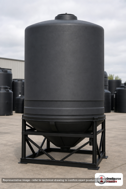 Snyder Industries 2500 Gallon Cone Bottom Tank. Polyethylene; Black; 104" H x 95" W x 95" L; fittings: 1 Manway / Lid; max