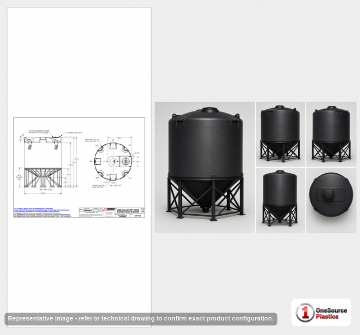 Dimensional spec drawing for Snyder 2000 Gallon Cone Bottom Tank (90" L x 90" W x 102" H)